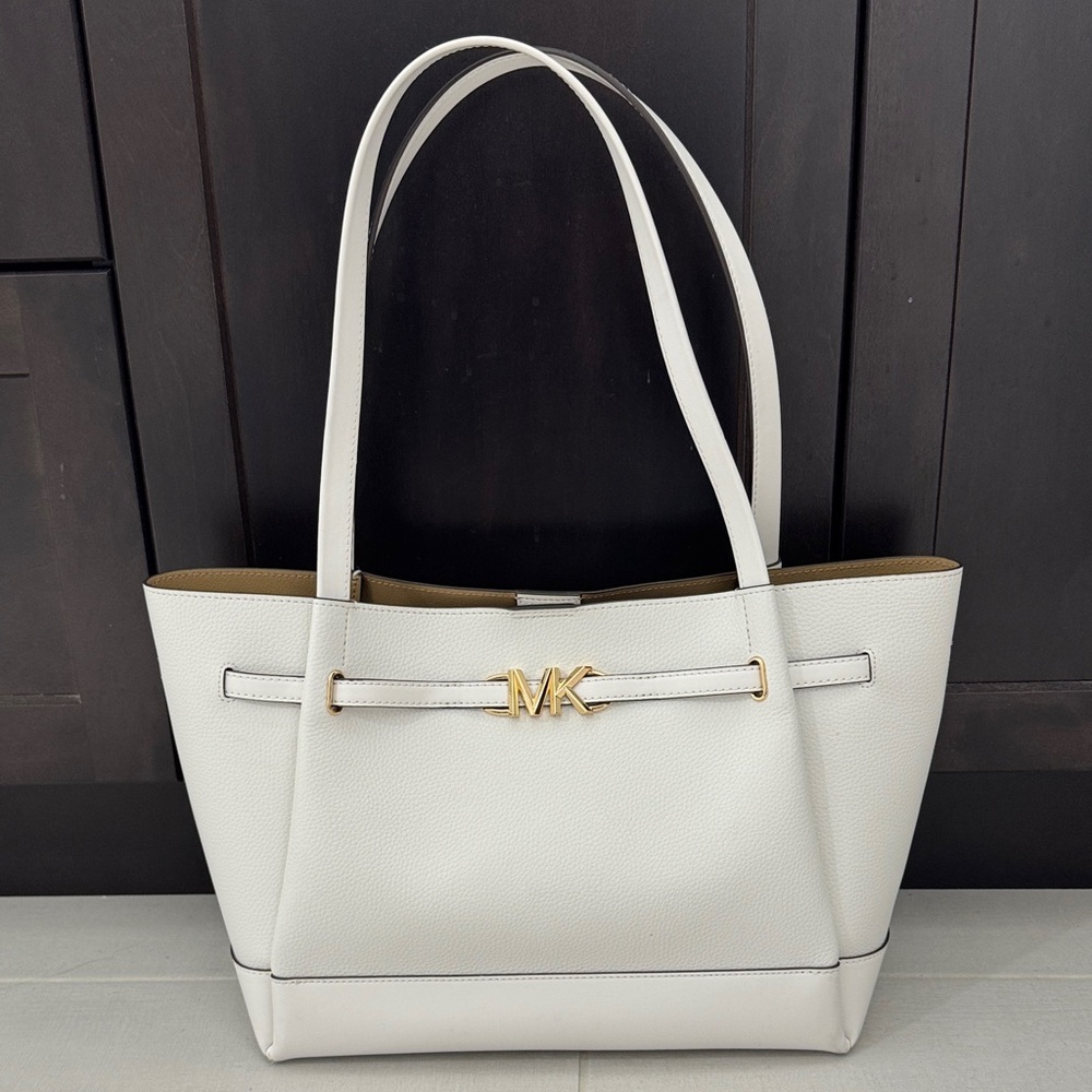 Michael Kors Reed Large Leather Belted Tote Shoulder Purse Bag - Optic White